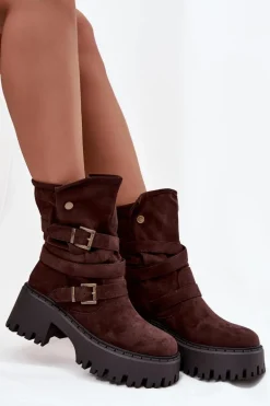 Botki Damskie Na Masywnym Obcasie Z Klamrami I Paskiem Czekoladowe Nerelisa