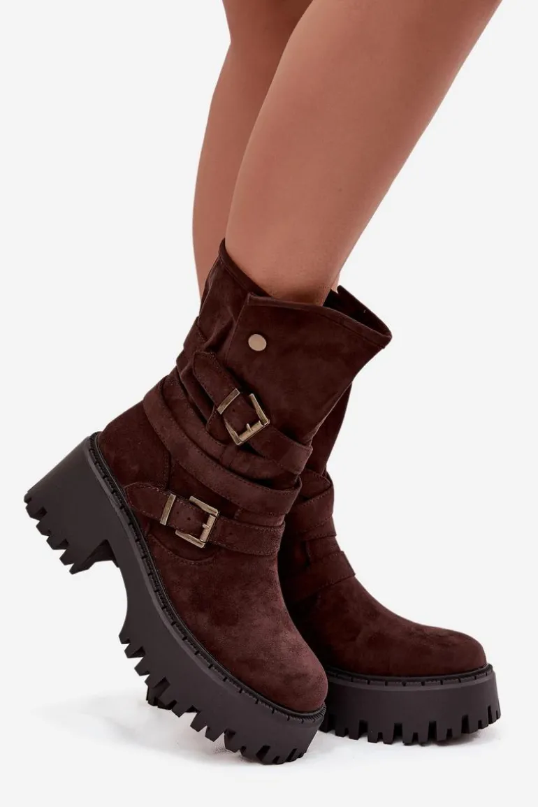 Botki Damskie Na Masywnym Obcasie Z Klamrami I Paskiem Czekoladowe Nerelisa