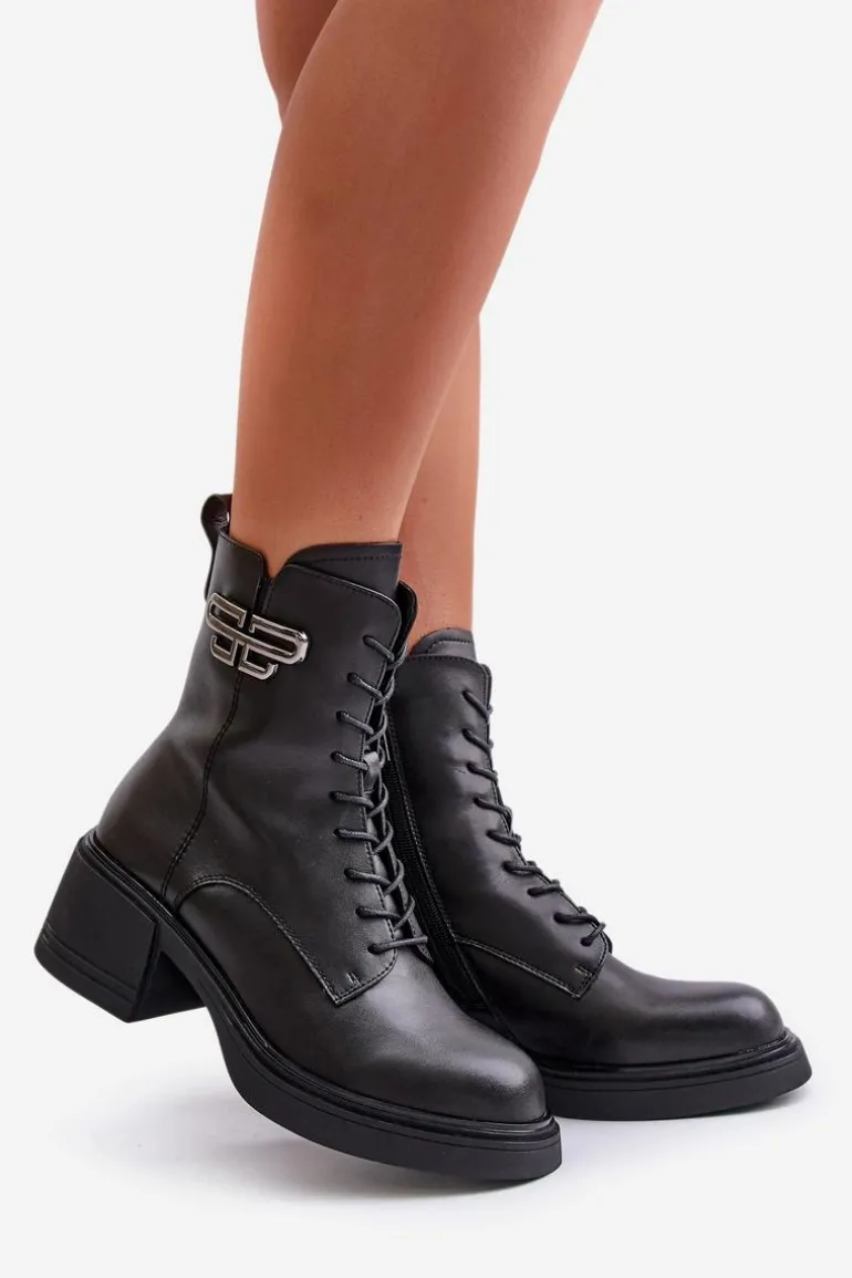 Botki Damskie Na Masywnym Obcasie Ocieplane Ze Skóry Naturalnej Czarne Vinceza 66682