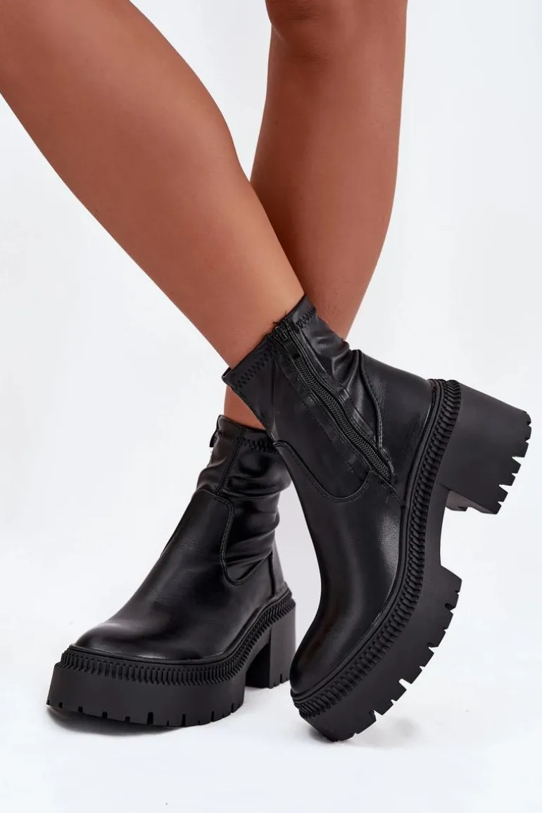 Botki Damskie Na Masywnym Obcasie I Platformie Eko Skórzane Czarne Elvianne