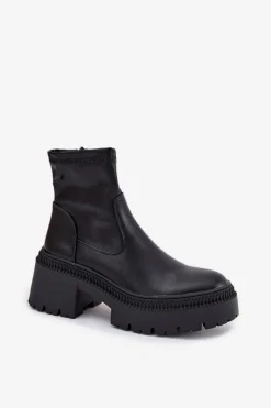 Botki Damskie Na Masywnym Obcasie I Platformie Eko Skórzane Czarne Elvianne