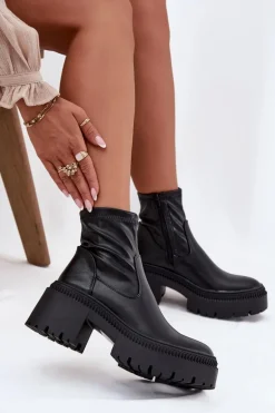 Botki Damskie Na Masywnym Obcasie I Platformie Eko Skórzane Czarne Elvianne