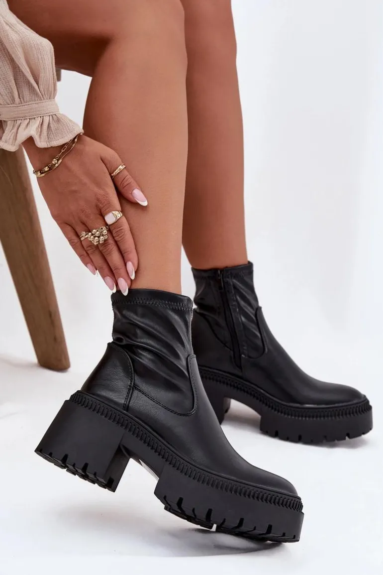 Botki Damskie Na Masywnym Obcasie I Platformie Eko Skórzane Czarne Elvianne
