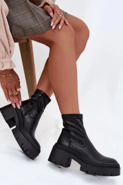 Botki Damskie Na Masywnym Obcasie I Platformie Eko Skórzane Czarne Elvianne