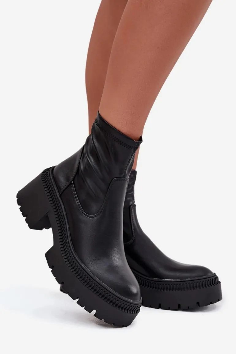 Botki Damskie Na Masywnym Obcasie I Platformie Eko Skórzane Czarne Elvianne