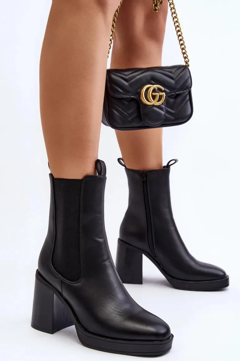 Botki Damskie Na Masywnym Obcasie Czarne Piovere