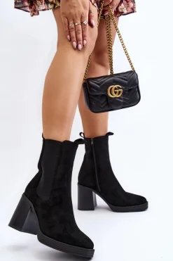 Botki Damskie Na Masywnym Obcasie Zamsz Czarne Piovere