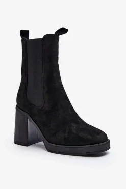 Botki Damskie Na Masywnym Obcasie Zamsz Czarne Piovere