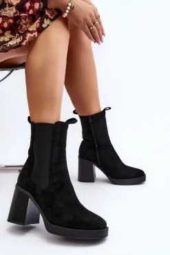 Botki Damskie Na Masywnym Obcasie Zamsz Czarne Piovere