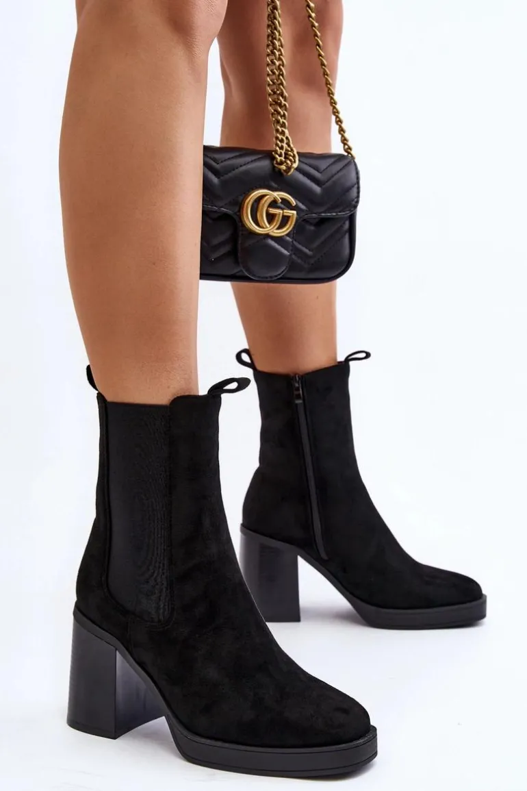 Botki Damskie Na Masywnym Obcasie Zamsz Czarne Piovere