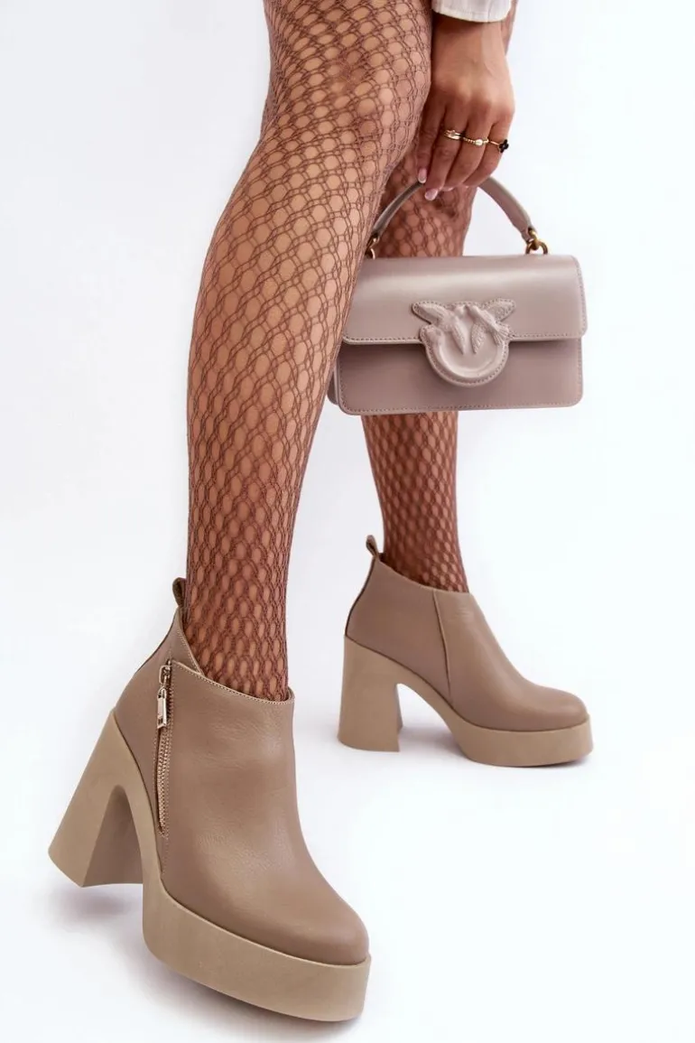 Botki Damskie Na Masywnym Słupku Z Suwakiem 1755 Zazoo Beżowe