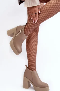 Botki Damskie Na Masywnym Słupku Z Suwakiem 1755 Zazoo Beżowe