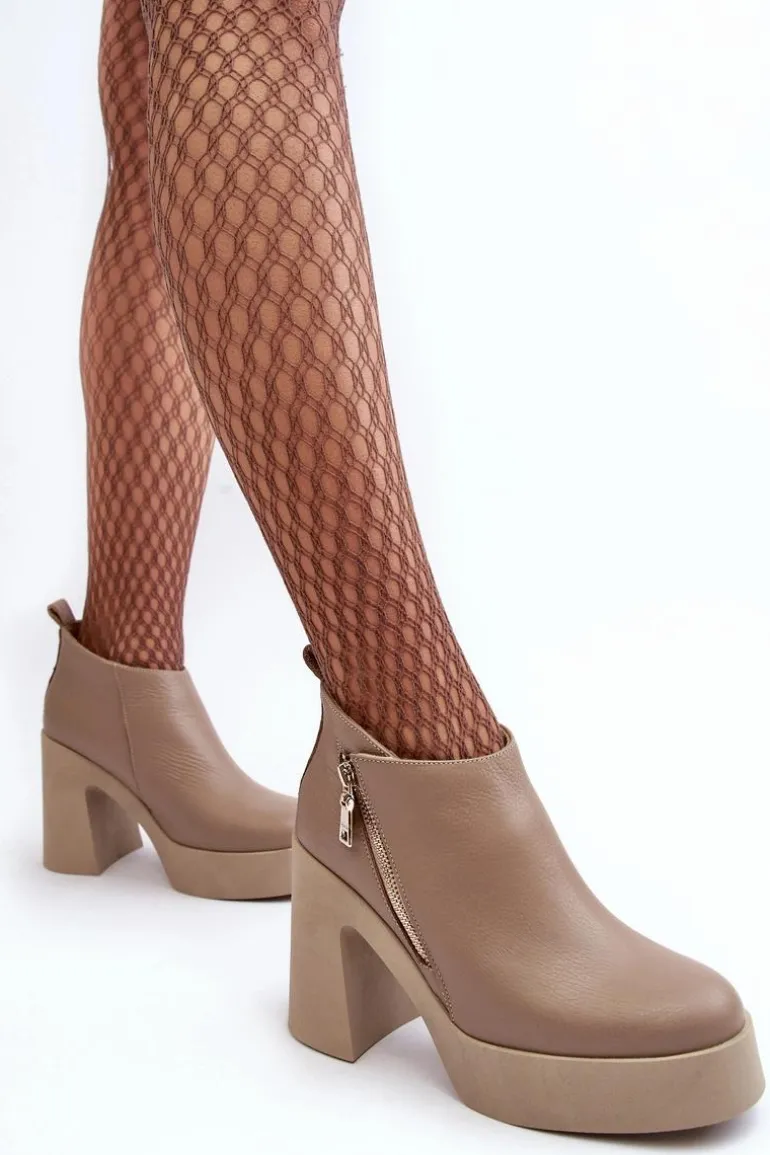 Botki Damskie Na Masywnym Słupku Z Suwakiem 1755 Zazoo Beżowe