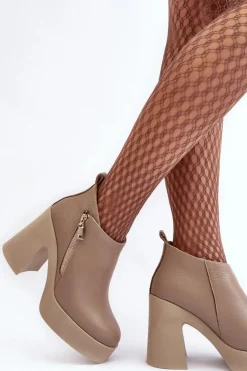 Botki Damskie Na Masywnym Słupku Z Suwakiem 1755 Zazoo Beżowe