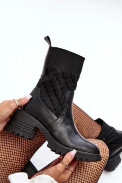Botki Damskie Na Masywnym Obcasie Ze Skarpetą Czarne Briogen