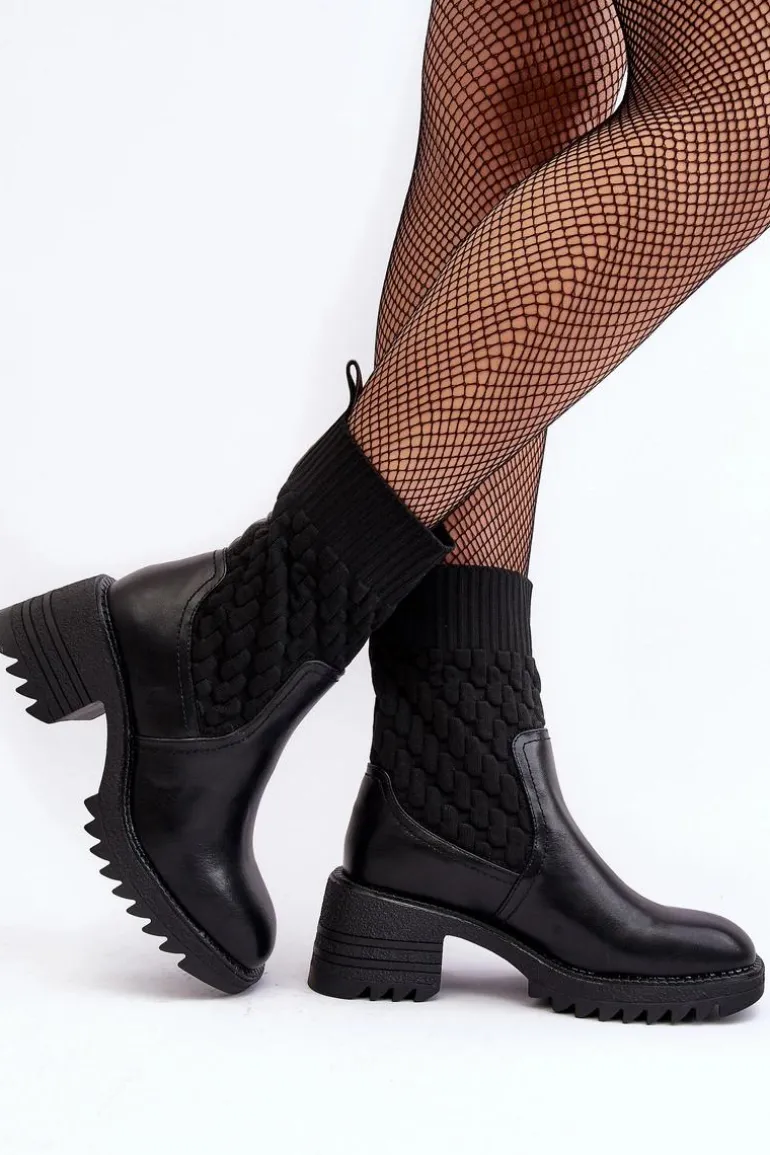 Botki Damskie Na Masywnym Obcasie Ze Skarpetą Czarne Briogen