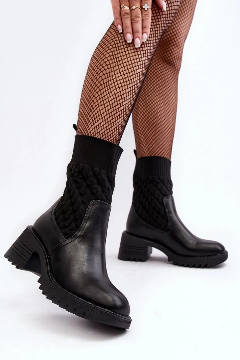Botki Damskie Na Masywnym Obcasie Ze Skarpetą Czarne Briogen