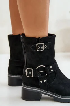 Botki Damskie Na Niskim Obcasie Z Klamrami Czarne Zudra