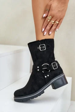 Botki Damskie Na Niskim Obcasie Z Klamrami Czarne Zudra