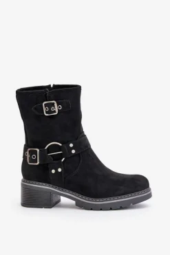 Botki Damskie Na Niskim Obcasie Z Klamrami Czarne Zudra