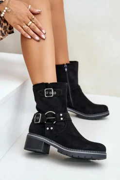 Botki Damskie Na Niskim Obcasie Z Klamrami Czarne Zudra
