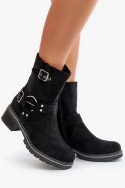 Botki Damskie Na Niskim Obcasie Z Klamrami Czarne Zudra