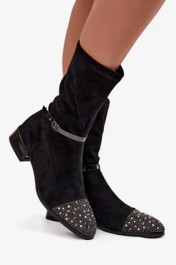 Botki Damskie Na Niskim Obcasie Ze Zdobieniem I Paskiem D&A MR52-165 Czarne