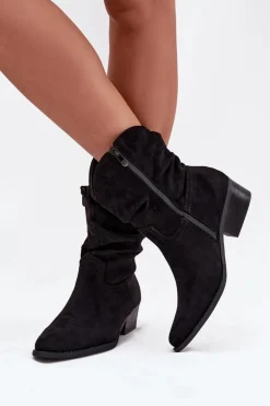 Botki Damskie Na Niskim Obcasie Z Marszczeniem Czarne Adena