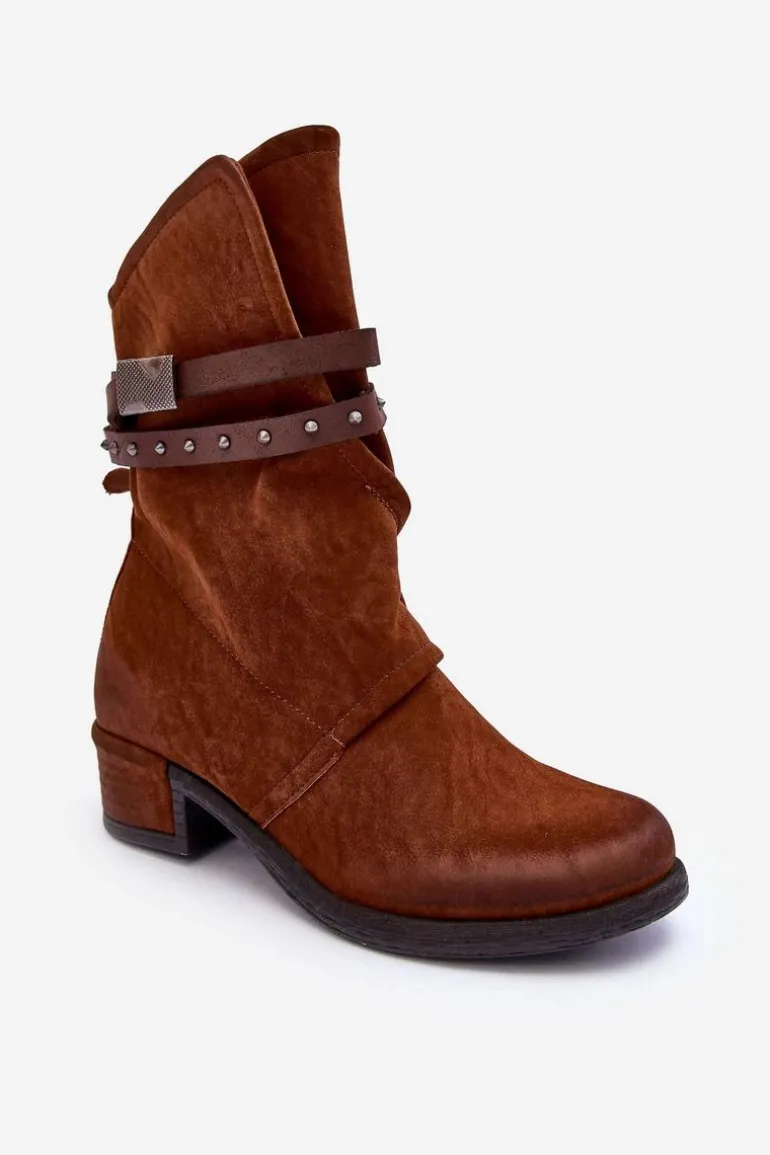 Botki Damskie Na Niskim Obcasie Z Paskami Camel Thelereia