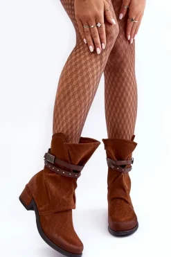 Botki Damskie Na Niskim Obcasie Z Paskami Camel Thelereia