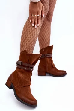 Botki Damskie Na Niskim Obcasie Z Paskami Camel Thelereia