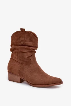 Botki Damskie Na Niskim Obcasie Z Marszczeniem Camel Adena