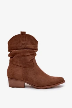 Botki Damskie Na Niskim Obcasie Z Marszczeniem Camel Adena