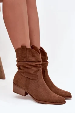 Botki Damskie Na Niskim Obcasie Z Marszczeniem Camel Adena
