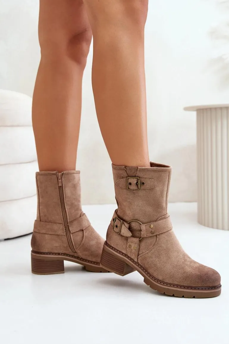 Botki Damskie Na Niskim Obcasie Z Klamrami Ciemnobeżowe Zudra