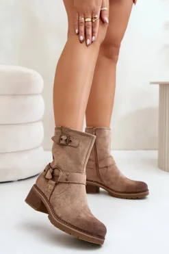 Botki Damskie Na Niskim Obcasie Z Klamrami Ciemnobeżowe Zudra