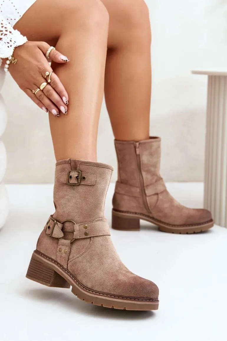 Botki Damskie Na Niskim Obcasie Z Klamrami Ciemnobeżowe Zudra