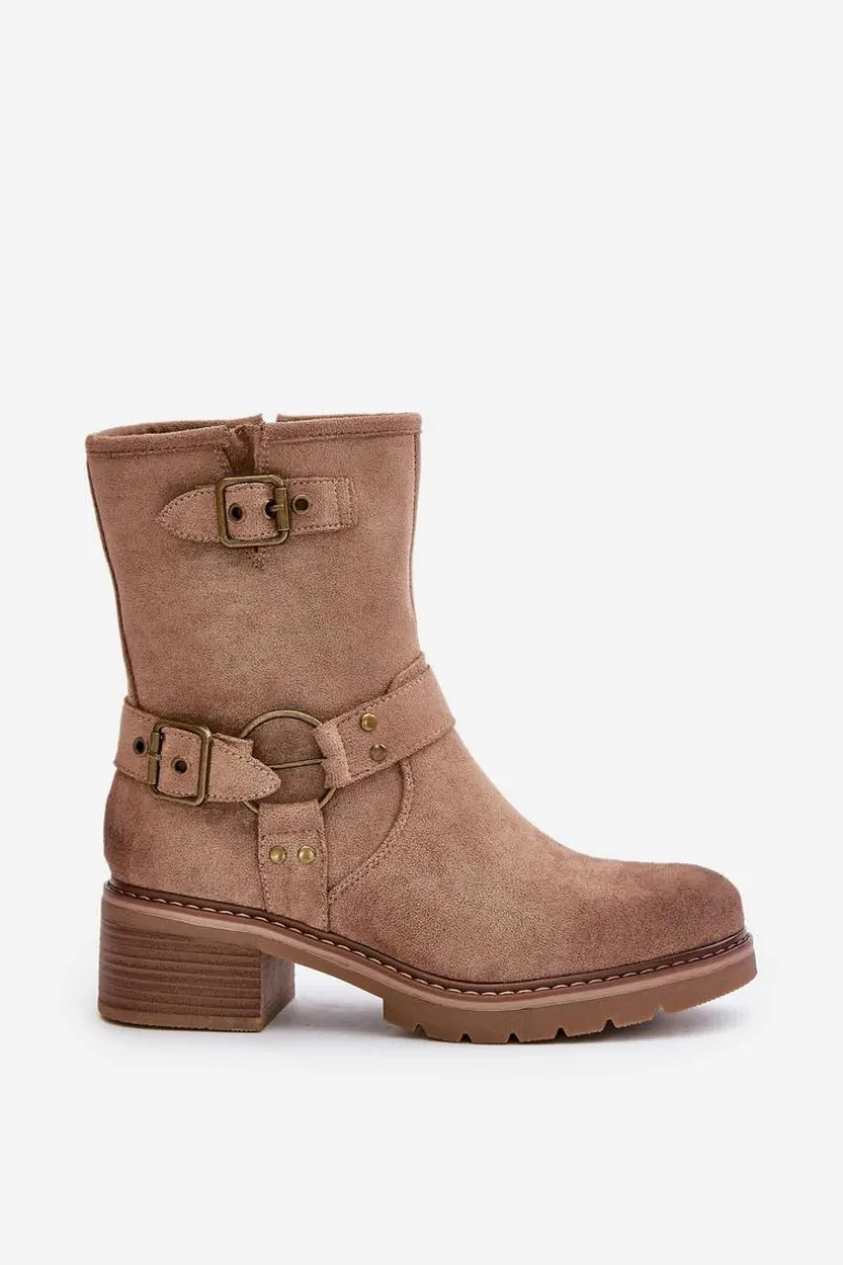 Botki Damskie Na Niskim Obcasie Z Klamrami Ciemnobeżowe Zudra