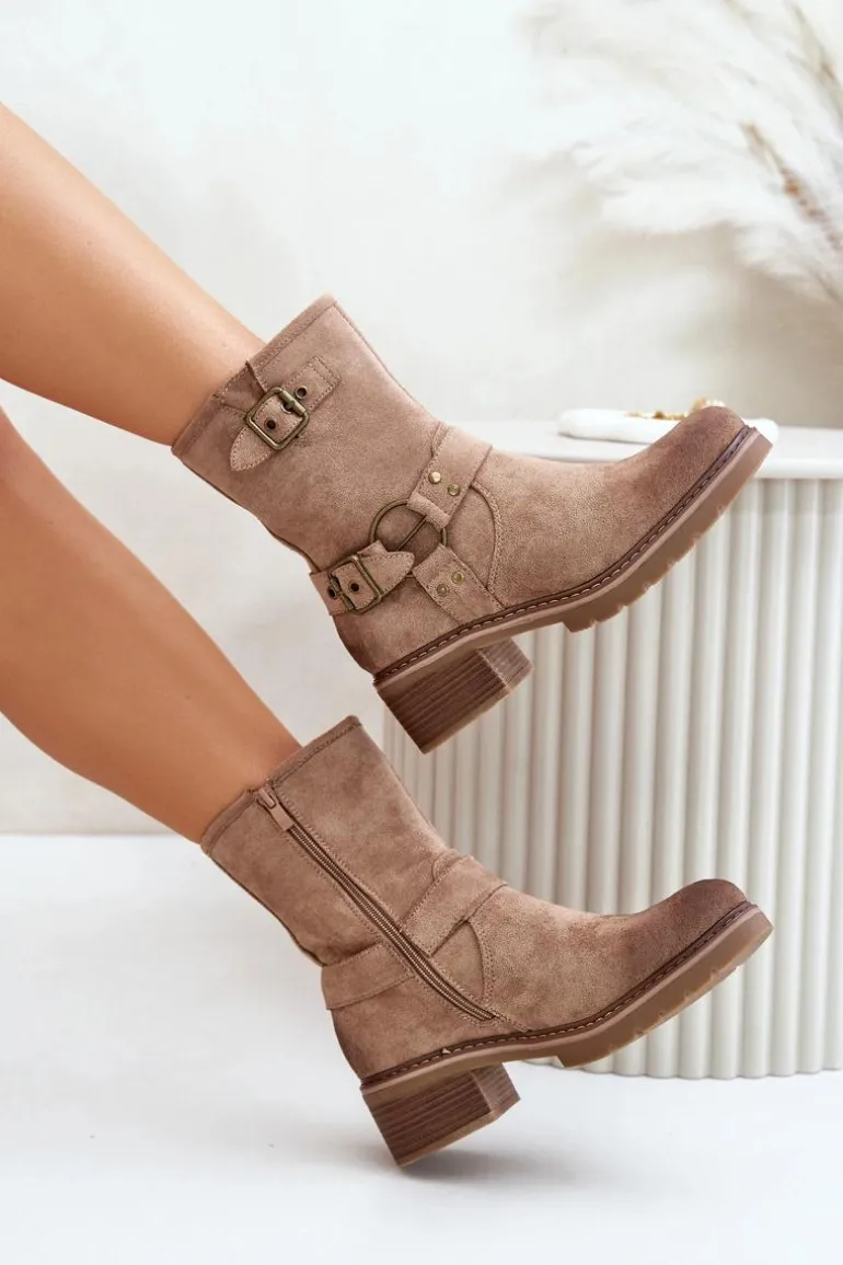 Botki Damskie Na Niskim Obcasie Z Klamrami Ciemnobeżowe Zudra