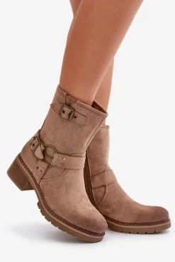 Botki Damskie Na Niskim Obcasie Z Klamrami Ciemnobeżowe Zudra