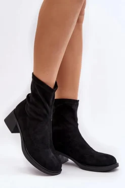 Botki Damskie Na Niskim Obcasie Czarne Aphroteia - Zamsz