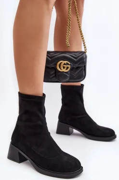 Botki Damskie Na Niskim Obcasie Czarne Aphroteia - Zamsz