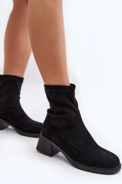 Botki Damskie Na Niskim Obcasie Czarne Aphroteia - Zamsz