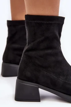 Botki Damskie Na Niskim Obcasie Czarne Aphroteia - Zamsz