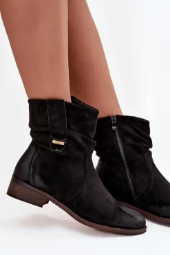 Botki Damskie Na Niskim Obcasie Z Marszczeniem Ocieplane Czarne Gracia