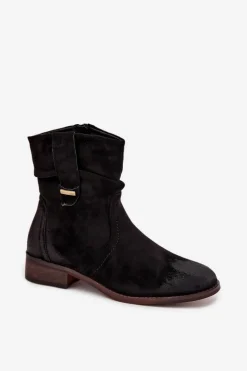 Botki Damskie Na Niskim Obcasie Z Marszczeniem Ocieplane Czarne Gracia