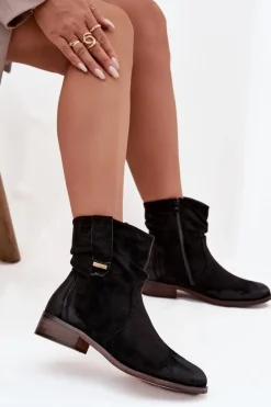 Botki Damskie Na Niskim Obcasie Z Marszczeniem Ocieplane Czarne Gracia