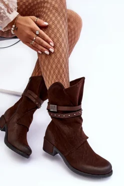 Botki Damskie Na Niskim Obcasie Z Paskami Brązowe Thelereia