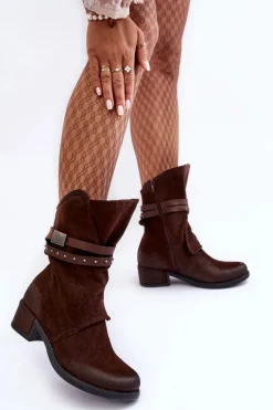 Botki Damskie Na Niskim Obcasie Z Paskami Brązowe Thelereia