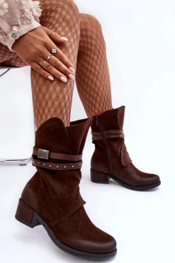 Botki Damskie Na Niskim Obcasie Z Paskami Brązowe Thelereia